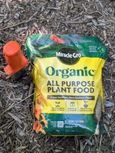 I use Miracle-Gro Organic All Purpose Plant Food. It’s full of essential nutrients and won’t burn the plants.