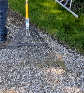 The soft rake is also very helpful in removing the old, dead grass on top of the gravel.
