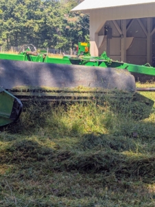 The hay goes through the machine and processes the hay one wide strip at a time.