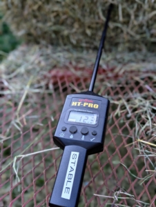 The best moisture range for hay bales is generally between 12 and 18-percent. This range is crucial for maintaining the hay's nutritional value and preventing spoilage. Helen tests many bales and they are all showing up within the desired range.