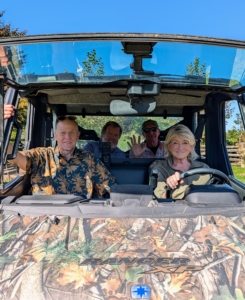 Soon after arriving, I gave Dan, Bill, and Dennis a personal tour to see the gardens, groves, and allées. Here we are approaching my living maze in my off-road Polaris Ranger.