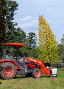 Chhiring uses the trusted Kubota and its forklift to transport each tree to its designated location.