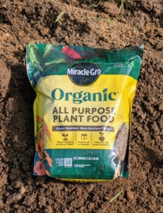 Our go-to fertilizer is Miracle-Gro Organic All Purpose Plant Food specially formulated to help grow stronger, vibrant, and more productive plants.