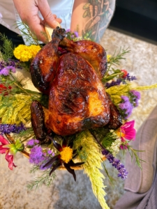 This is the Whole-Roasted Green Circle Chicken with garden lavender, and wildflower honey.