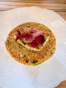 Judy had the Atlantic Halibut, with rainbow radish, ocean trout roe, and miso beurre blanc.