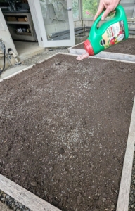 I spend a good amount of time preparing the soil before planting any seeds. I have 17 wooden garden boxes that fit the entire length and width of the structure. Earlier this year, the beds were tilled, amended with good compost, raked and fed. I use a fertilizer specially formulated for growing vegetables – Miracle-Gro® Shake ‘n Feed® Tomato, Fruit & Vegetable Plant Food.