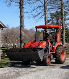 Here it is transporting mulch to one of the gardens. The tractors are always driven slowly and carefully - I have a 5mph speed limit on the farm.