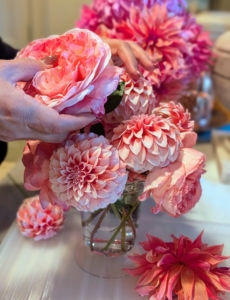 The next arrangement uses dahlias and roses. Do you see the beautiful Martha Stewart hybrid tea roses?