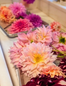 After bringing the flowers inside, it's important to get them in water right away. Enma removes any leaves that would otherwise end up below the water line. Leaves and flowers that sit below the water line can rot.