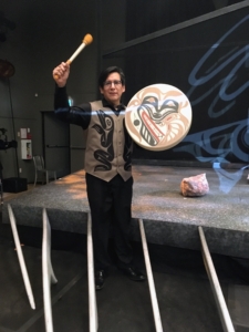 From Tim: "This photo is me with the drum I commissioned. It has my parents' clans, raccoon and wolf, along with a sparrow that represents the 5,000 Missing and Murdered Indigenous Women in Canada."