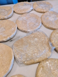 Here are several chilled pâte brisée discs. Pâte brisée is the French version of classic pie or tart pastry. It is a versatile all-butter dough for both sweet and savory recipes—from apple pie to quiche.