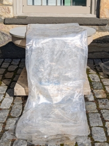 The "burlapping" process has begun! I have many outdoor containers and garden ornaments that are covered and protected with burlap and kept in their respected locations for the duration of the cold season. Here is a birdbath that sits outside the stable office where my business manager, property manager, and operations manager work.