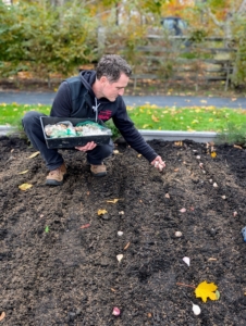 Ryan positions each clove. When planting multiple rows of garlic, be sure the rows are at least one-foot apart.