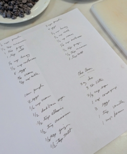 To keep everything organized, I write down all the ingredients and amounts for every kind of pie on my list and then adjust the amounts for the number of each pie I need to make.