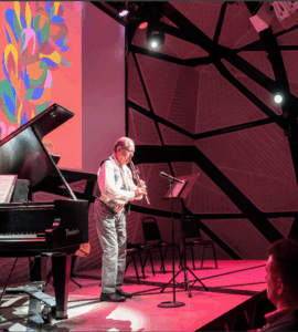 R. Carlos Nakai is a Native American flutist and composer in The Foundation's "North American Indigenous Songbook." Here he is performing at National Sawdust at the premiere concert of the songbook. Nakai has 11 GRAMMY nominations and two gold records. (Photo by Jill Steinberg)