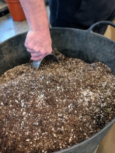 Ryan mixes the elements together in a large gardening trug bucket. Ryan is potting up dozens of cuttings, so a large amount of soil mix is needed.