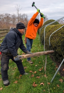 Next, Alex pounds the ground pipes into the soil as Phurba holds the wood to protect the pipe from any damage.