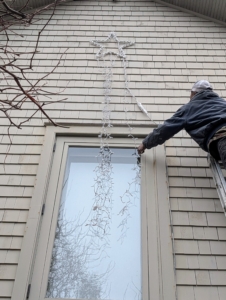 Pete and Fernando are experts at this task – they hang the stars every year. Once the star is placed, Pete separates the taillights, so they swoop properly and are all equally spaced across the front of the building. Here’s a shooting star on the outside of my studio.