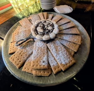 ... And don't forget the sweet treats. Here's a platter of s'mores - the popular campfire snack consisting of toasted marshmallows and chocolate on graham crackers.