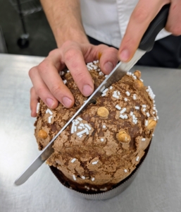 This panettone is cut down the center - so soft and aromatic.