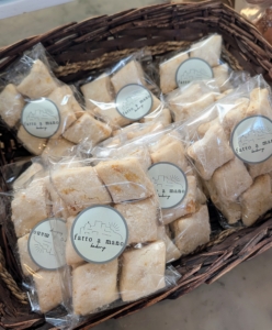 Ricciarelli Biscotti is soft, chewy and coated with powdered sugar. Its flavor is a delicate almond and citrus.