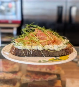 Savory offerings such as this salmon toast are also available and made fresh to order.