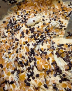 This is the traditional Italian flavor - Orange Raisin Panettone, which is naturally leavened and fermented for more than 42-hours. Air bubbles indicate the dough is good and light - essential for perfect panettone.