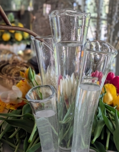 As soon as the flowers are brought in, vases are filled and arranging begins. I use cool, fresh water and only fill about two thirds to avoid over-submerging. More water can be added later if needed.