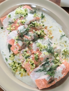 Here's the main course - a delicious salmon, served chilled with a cucumber and dill. It was perfect.