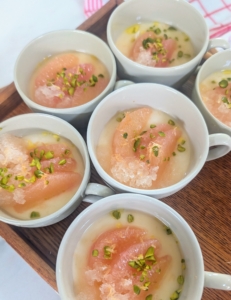 And finally for dessert, a light Panna Cotta with grapefruit granita and pistachios. It was a lovely lunch and a productive and successful meeting.