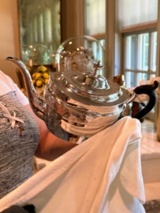 Once a piece is completely cleaned and polished, it is dried with a soft absorbent cloth right away to avoid any water marks. Never let silver air dry.