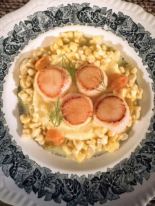 The main course was Seared Vertical Bay Penobscot Scallops, Waldoboro Summer Corn and Confit of Sungold Tomatoes and Bedford Pommes Purée. The entire meal was prepared by Chefs Molly Wenk and Jeff Srole.