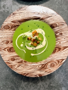 Whenever I entertain, I always incorporate fresh vegetables from my gardens. We started with Skylands Garden Green Pea Soup with Balthazar Brioche Croutons and Crème Fraîche. You may have seen photos on my Instagram page @marthastewart48.