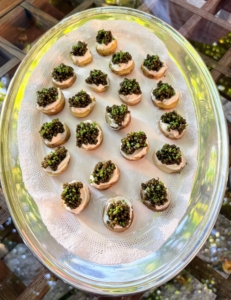 Also served - trays of mini toasts, each with a dollop of crème fraîche and caviar.