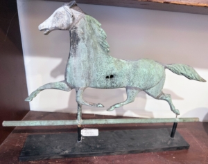 And here is a vintage metal horse, covered in a nice patina, the green film on the surface produced by oxidation over time.
