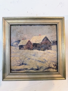 Here is a charming painting of an old barn in winter.