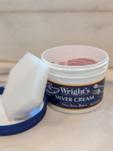 I’ve used Wright’s Silver Cream for years. Wright’s Silver Cream is a gentle all-purpose polish that works on all types of silver. It also works nicely on stainless steel and chrome.