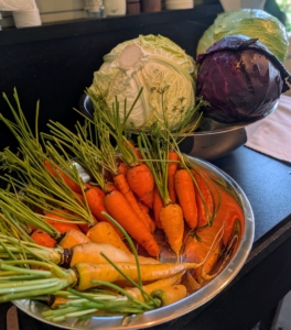 The carrots are rinsed in cold water and then placed in a large stainless steel bowl. Enma removes the outer leaves of the cabbage and rinses off any dirt.