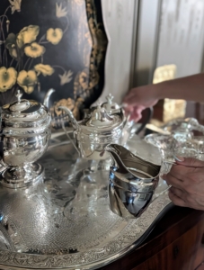 And all the silver pieces are placed on top. Because my silver is cleaned regularly, it doesn’t take too much time to get the job done.