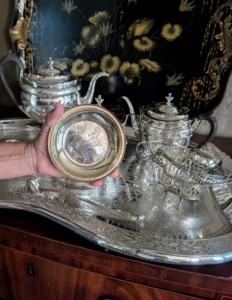 And look at the difference in color between this tarnished bowl and the newly polished pieces - the small bowl is next to be cleaned and polished.