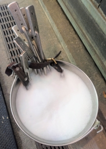 Brian soaks them in a Chlorhexidine solution, an antimicrobial disinfectant.
