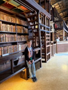 Here's Silas inside the Bodleian library, which was founded in 1602 by Sir Thomas Bodley. it is one of the oldest libraries in Europe and holds more than 13 million printed items.