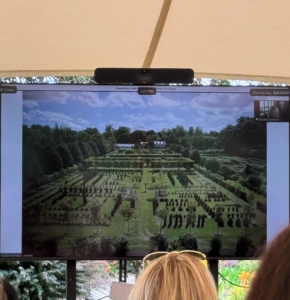 While I was unable to attend the event in person, I did address the group via Zoom, and shared photos of my living maze, which Monrovia helped me complete. This photo was taken from the carriage road of my Boxwood Allée, high up in my Hi-Lo tractor looking at my three-acre maze.