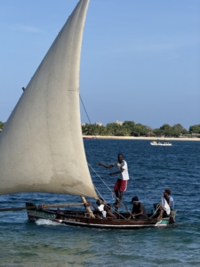 A dhow is a traditional sailing vessel with a lateen, or triangular sail. Most dhows used in Lamu are made from mango or mahogany wood and can be small like this one, or longer and more ornate. They are built entirely by hand, using methods passed down through generations.