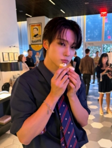 Following the performance, the group celebrated at a party, inviting friends, business associates, and other influencers for a casual meet and greet. Here's PJ enjoying mini Pistachio Raspberry Tarts.