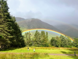 We saw the most vibrant rainbow after our trek from the Ben Nevis Holiday campgrounds, where we also rented a caravan.