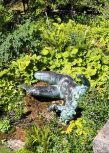 Below the ledge and lying beneath the Western Terrace is the lady – La Riviere by Aristide Maillol. The original terms of the commission were intended to honor Henri Barbusse, noted author and pacifist. Maillol initially conceived the figure as a woman who had been stabbed in the back, falling at the viewer’s feet. However, when funds proved to be insufficient to complete the memorial, Maillol re-conceived the figure as a more timeless theme, the personification of a river. Here, she is surrounded by ferns, tree peonies, Japanese maples, blueberry bushes, and Lady’s Mantle.
