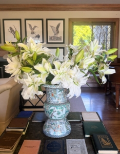 Here is a lovely lily arrangement in my Living Room – all flowers are grown right in my garden. On the wall behind it are bird prints by artist and avid ornithologist, Carrol Sargent Tyson, Jr. Tyson was best known for his coastal landscapes, portraits and natural history paintings of birds. He summered on Mount Desert Island in Maine and was an expert on the island’s bird species. I have a complete set of his famous bird lithographs.