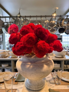 Celosia Cristata has twisted, dense, velvety flower heads that can grow to six inches wide. It is always so nice grow beautiful flowers and then cut stems right before a gathering. My guests loved this centerpiece. It was a lovely midday meal at Cantitoe Corners.