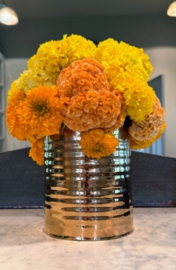 I always love to decorate my Winter House using flowers grown right here at the farm. Also known as American marigold or African marigold, Aztec marigold, Tagetes erecta, is a showy, easy-to-grow annual that blooms from summer to the first frost. The huge, fragrant blooms, appear on top of one to four-foot stems and are available in various shades of orange, yellow, bronze, and creamy white.